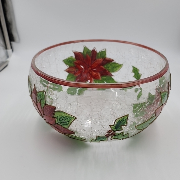 Celebration Pointsettia Mouthblown, Hand Painted, Cracked Glass 9" Salad Bowl - Picture 7 of 13